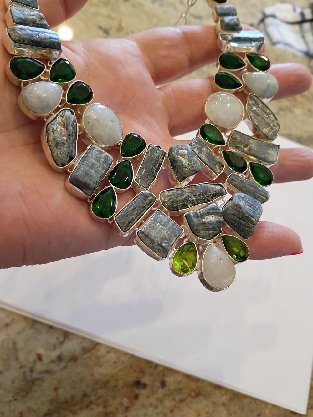 Labordorite, Emerald Green, Peridot & Moonstone Statement Necklace Hand Made